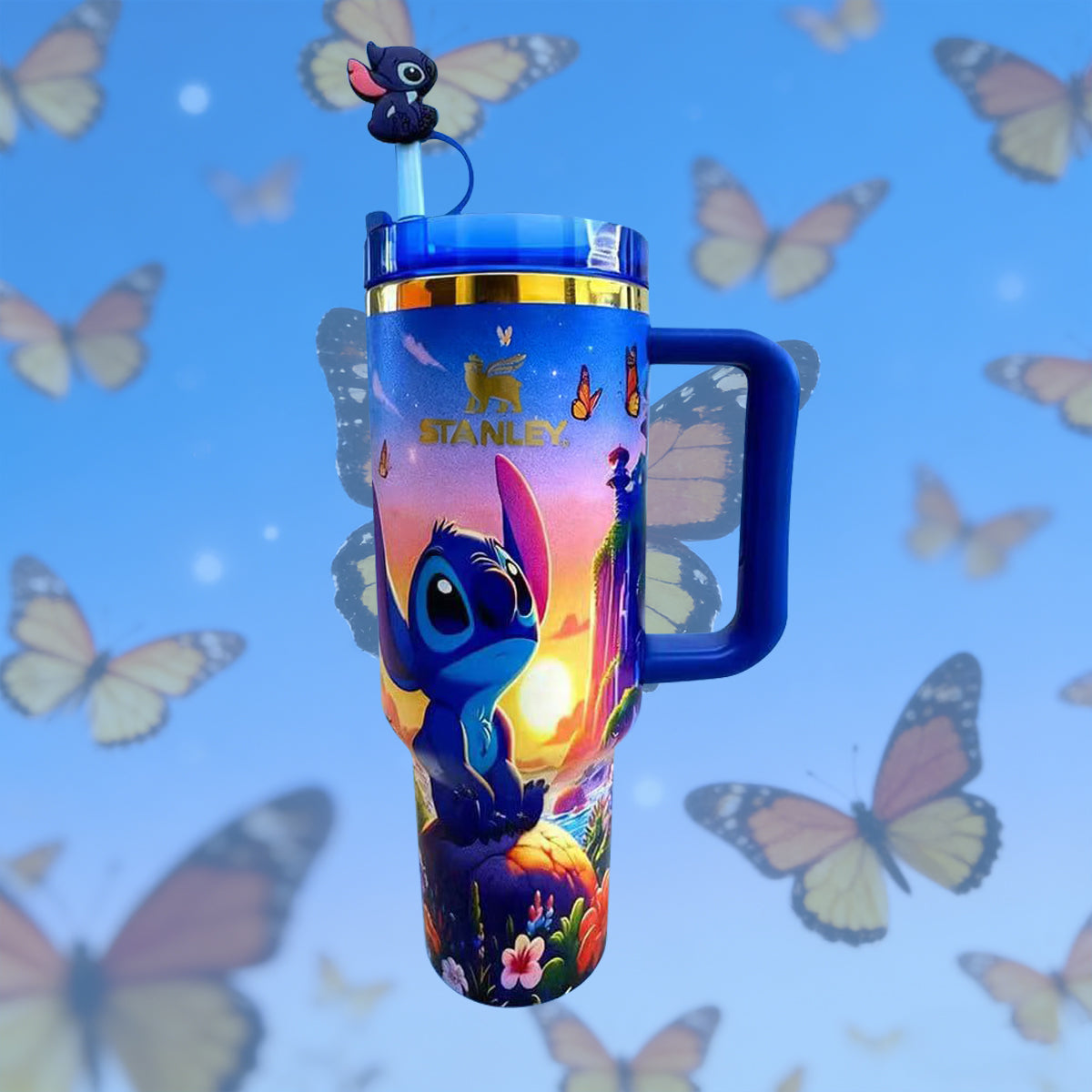 Colorful tumbler with cartoon character on a blue background with butterflies