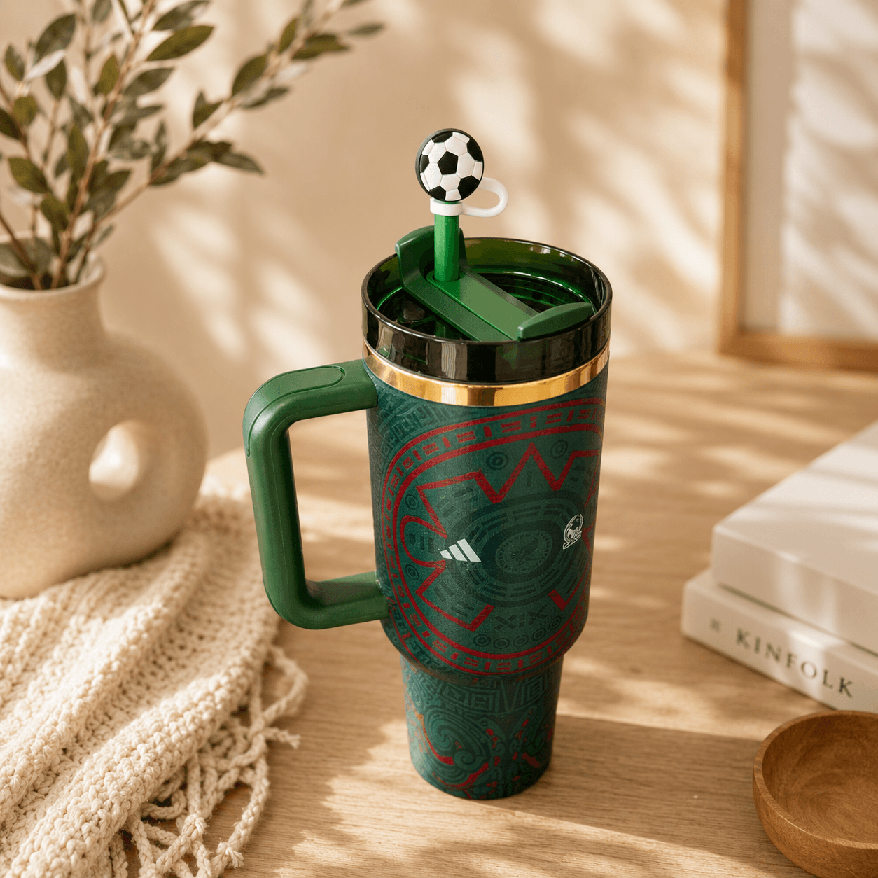 Green tumbler with a unique design on a wooden surface with a plant and books in the background
