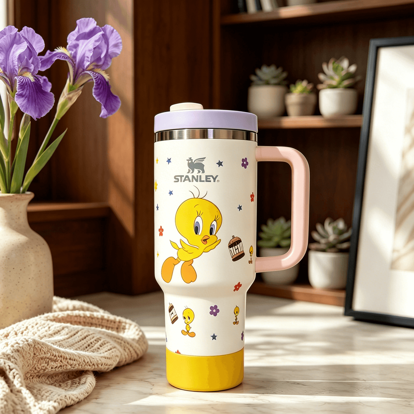 Stanley Tweety Bird Tumbler with yellow character artwork, pastel pink handle, lavender lid, colorful floral accents, and large-capacity insulated design displayed in a cozy home setting.