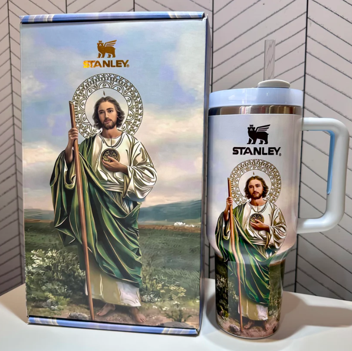 Stanley mug with religious figure design on packaging
