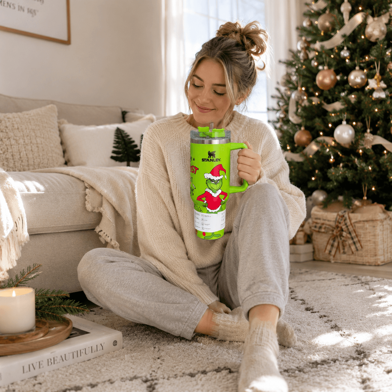 Woman sitting on the floor holding a green mug with a Christmas tree in the background