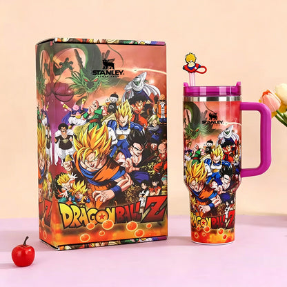 Dragon Ball Z-themed Stanley mug with colorful design on a light pink background
