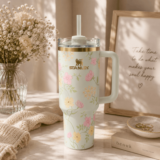 A Stanley handled tumbler with a clear lid and straw, decorated with a pastel floral print on a warm off-white background. The tumbler is styled on a light surface with a knit blanket, a vase of dried flowers, a framed quote, and a small dish in a softly lit indoor setting.