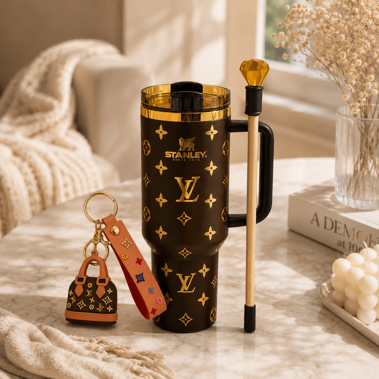 A Stanley insulated travel mug in dark brown with gold Louis Vuitton-style monogram print, shown on a marble table with a matching small handbag keychain and a wooden spoon with a gold-colored handle, styled in a warm indoor setting.