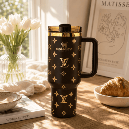 A black Stanley travel mug with gold monogram-style logos and a gold-trimmed lid, shown on a wooden table in a sunlit room with flowers, a book, and a croissant in the background.