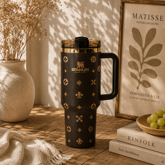 A black Stanley travel mug with gold geometric patterns and a black handle, styled on a wooden table with dried flowers, books, and green grapes in warm sunlight.