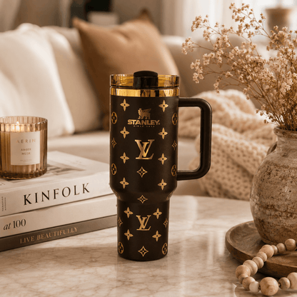 A black Stanley travel mug with gold monogram-style motifs and a gold rim, standing on a marble surface in a styled living-room setting with books, a candle, dried flowers, and a vase.