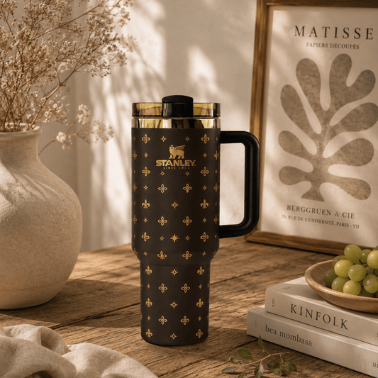 A dark brown Stanley travel tumbler with a gold monogram pattern and black handle, styled on a wooden table with books, grapes, and dried flowers.