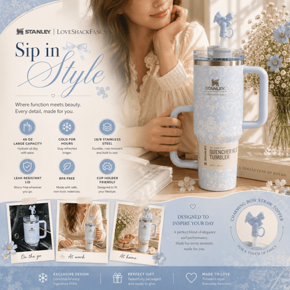 A promotional product graphic for the Stanley Love Shack Fancy Sip in Style tumbler. The image features a woman in a cozy white outfit holding the light blue and white patterned tumbler with a straw, alongside a standalone view of the tumbler.