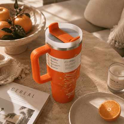 An orange insulated tumbler with a matching orange lid and handle sits on a beige tabletop in a styled indoor setting. The scene includes oranges, a bowl, a candle, a plate with an orange slice, and a magazine, creating a warm, sunlit lifestyle atmosphere.