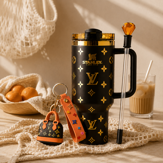 Black Stanley mug with gold patterns, Louis Vuitton keychain, and glass of iced coffee on a textured surface.