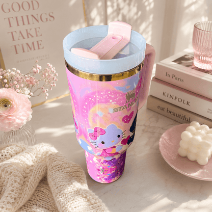 STANLEY tumbler featuring Stitch and Kitty-inspired artwork with pink hearts, pastel colors, insulated construction, large handle, and collectible design.