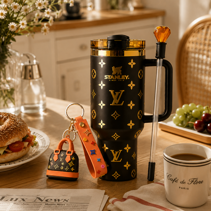 Black Stanley mug with gold patterns on a table with a bagel, coffee, and keychain.