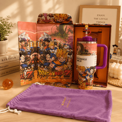 Dragon Ball Z-themed product set including a plush, mug, and pouch on a wooden surface.