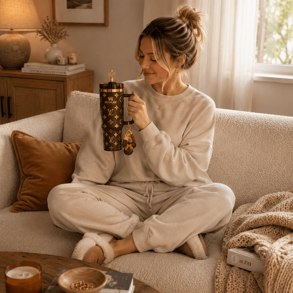 Woman sitting on a couch holding a mug in a cozy living room.