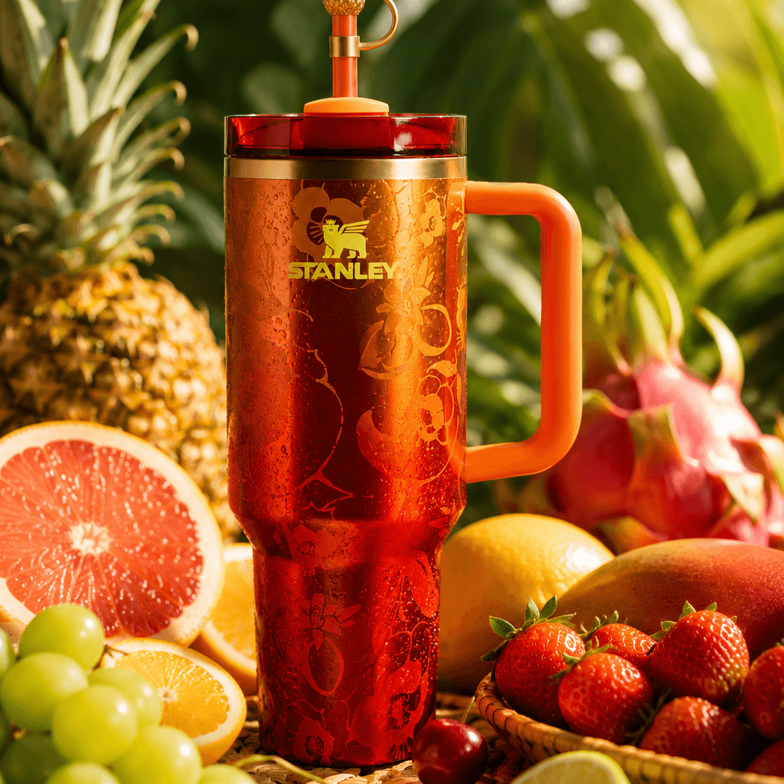Red Stanley mug with handle surrounded by fruits on a green leafy background