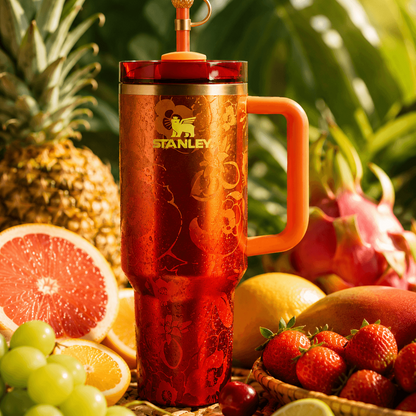 Red Stanley mug with handle surrounded by fruits on a green leafy background