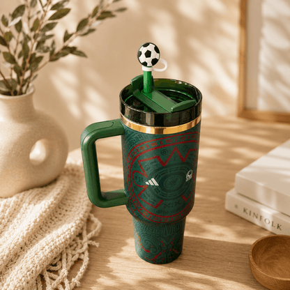 Green tumbler with a unique design on a wooden surface with a plant and books in the background