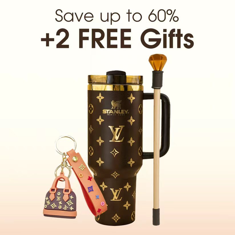 Stanley travel mug set with Louis Vuitton monogram pattern, featuring a brown and gold insulated tumbler with a black handle and lid, plus a small matching handbag keychain and a wooden spoon with a gold-colored handle, set against a light beige background with promotional text 'Save up to 30% +2 FREE Gifts'.