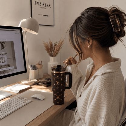 Woman sitting at a desk with a computer, holding a Louis Vuitton mug.