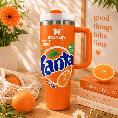 Orange Stanley 40oz insulated tumbler featuring a Fanta Orange-inspired design with citrus graphics, ergonomic handle, and reusable lid.