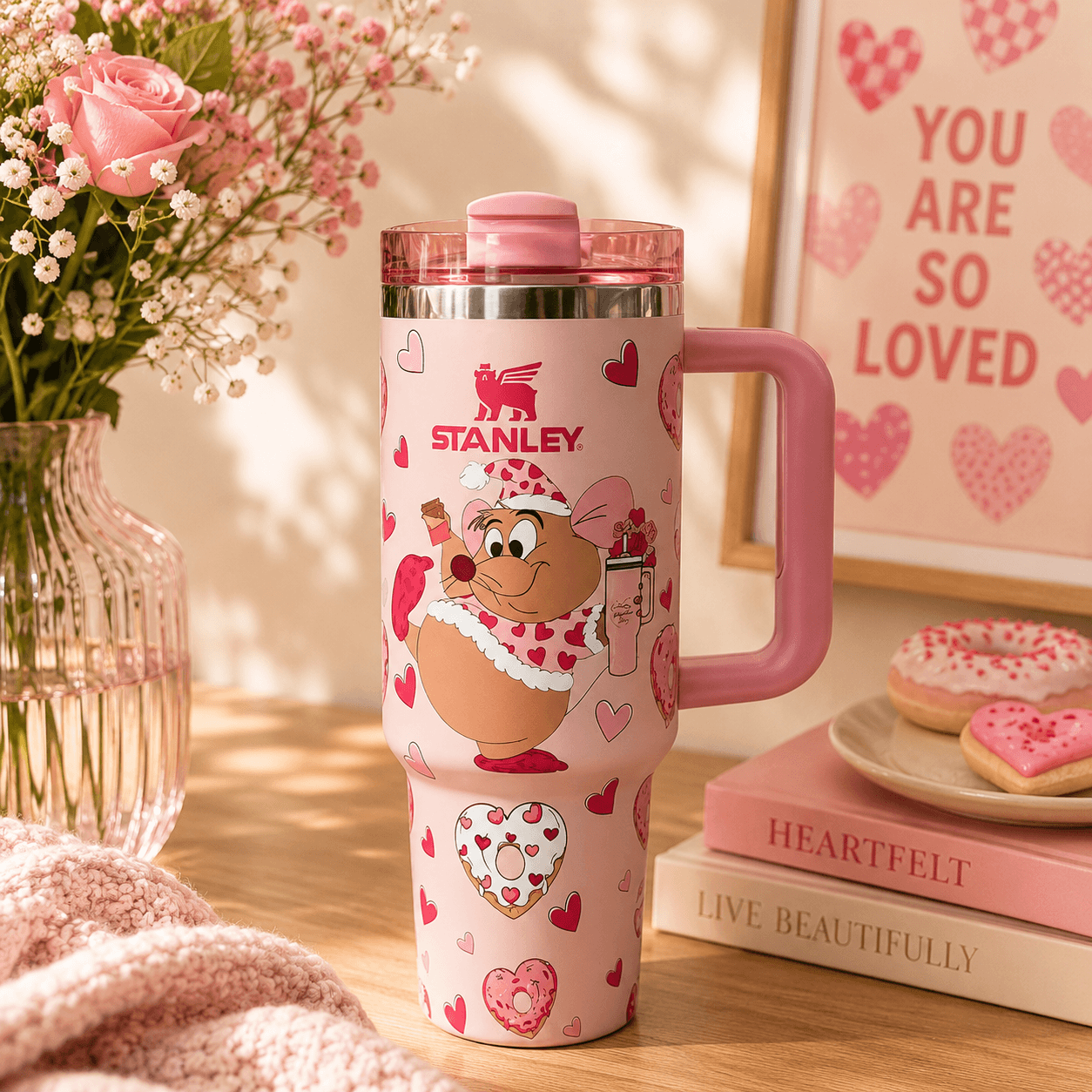 Pink STANLEY insulated tumbler featuring a cute mouse character with heart and donut illustrations, ergonomic handle, and large-capacity stainless steel construction.background.