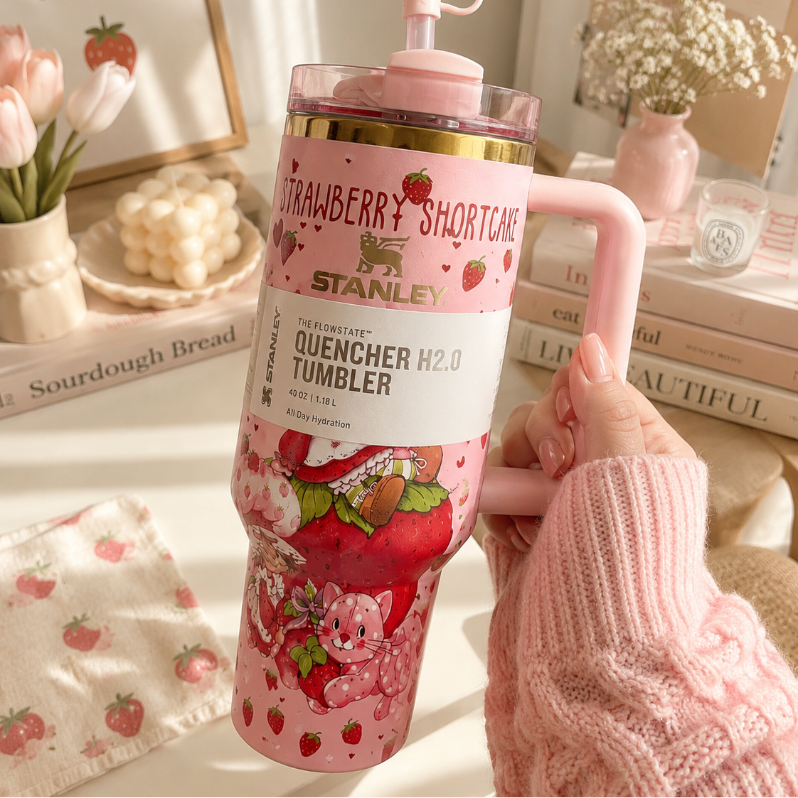 Pink Strawberry Shortcake Stanley tumbler held by a hand with a blurred indoor background