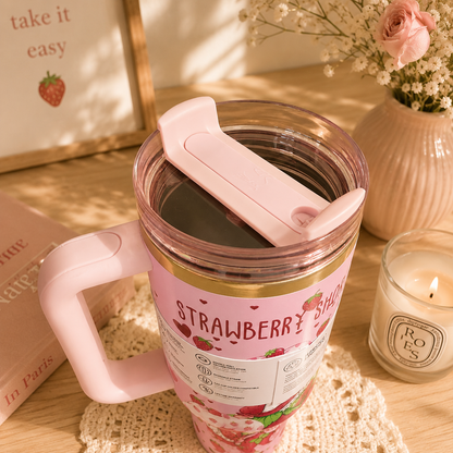 Pink insulated mug with 'Strawberry' design on a wooden surface with decorative items.