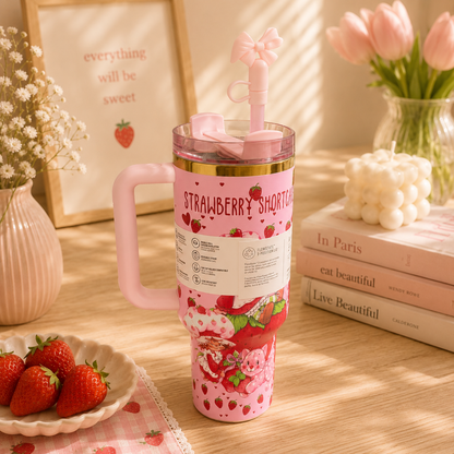 Pink strawberry shortcake tumbler with handle on a wooden surface with books and flowers.