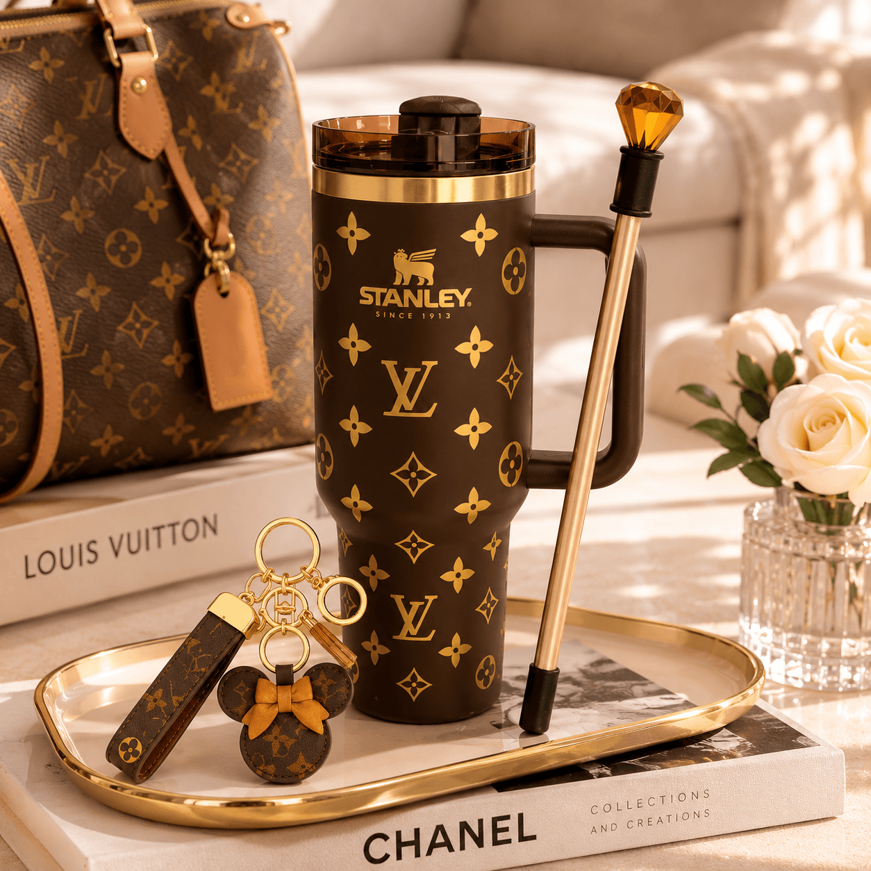 A luxury Stanley travel mug with gold monogram pattern, displayed on a gold tray next to a Louis Vuitton handbag, keychain, and a gold pen on a white table with a soft-focus background.