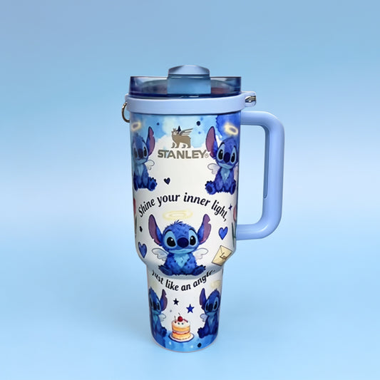 STANLEY Angel Blue tumbler featuring cute blue character artwork, angel-inspired details, insulated construction, and ergonomic handle.