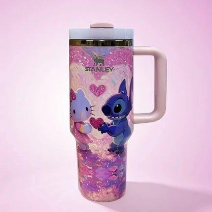STANLEY tumbler featuring Stitch and Kitty-inspired artwork with pink hearts, pastel colors, insulated construction, large handle, and collectible design.