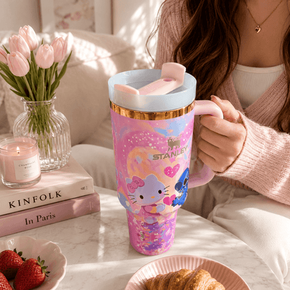 STANLEY tumbler featuring Stitch and Kitty-inspired artwork with pink hearts, pastel colors, insulated construction, large handle, and collectible design.