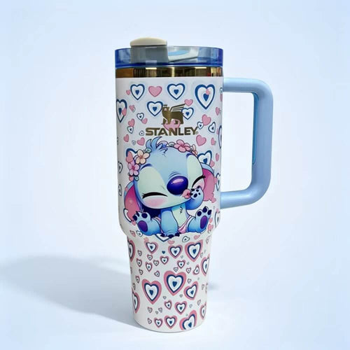 STANLEY tumbler featuring a cute Stitch-inspired character, pastel heart pattern, blue handle, insulated construction, and large-capacity hydration design.