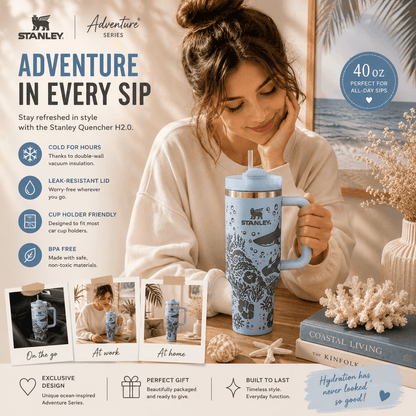 A woman in a white robe holds a light blue Stanley Adventure Series 40 oz tumbler with a handle and straw, set in a warm, styled home environment with decorative books and coral. The left side features product feature callouts and branding.