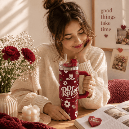 A woman in a cream knit sweater holds a red Stanley Dr Pepper insulated tumbler with a handle and straw, seated at a wooden table with flowers, a candle, and an open book in a warm, cozy room.