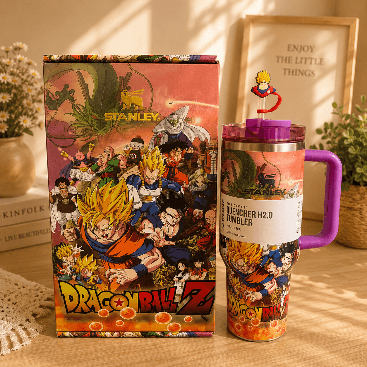 Stanley Dragon Ball Z tumbler with packaging on a wooden surface.