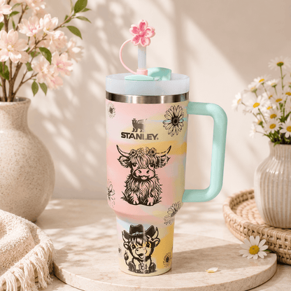 Stanley Pastel Highland Cow 40oz insulated tumbler with watercolor pastel finish, cute Highland cow illustration, daisy floral accents, flower straw topper, mint green handle, and 40oz travel cup for cold drinks.