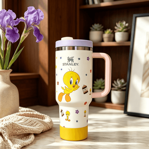 Stanley Tweety Bird Tumbler with yellow character artwork, pastel pink handle, lavender lid, colorful floral accents, and large-capacity insulated design displayed in a cozy home setting.