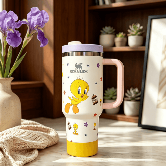 Stanley Tweety Bird Tumbler with yellow character artwork, pastel pink handle, lavender lid, colorful floral accents, and large-capacity insulated design displayed in a cozy home setting.
