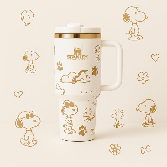 Stanley mug with Snoopy illustrations on a beige background