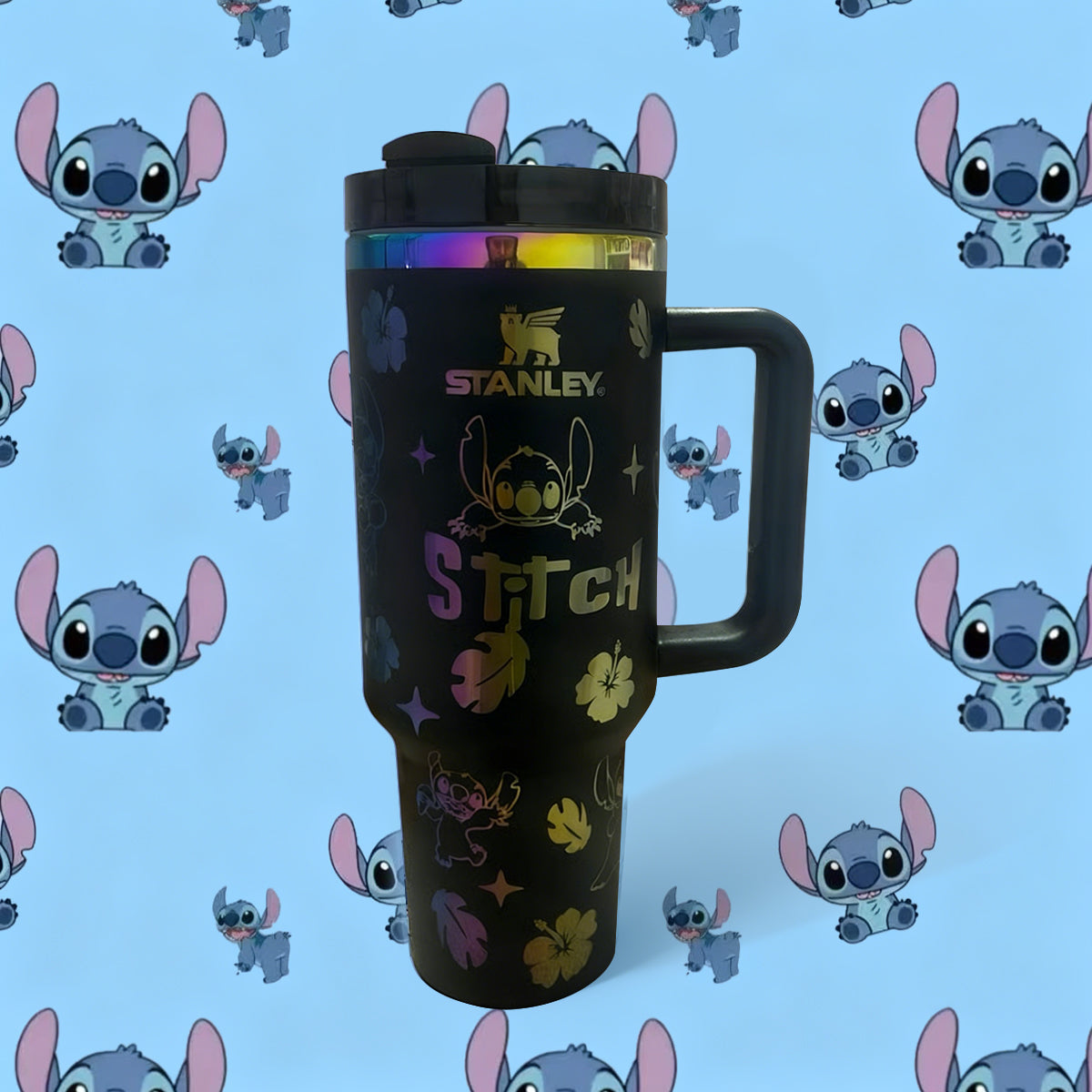 Stanley mug with Stitch design on a blue background with cartoon characters.