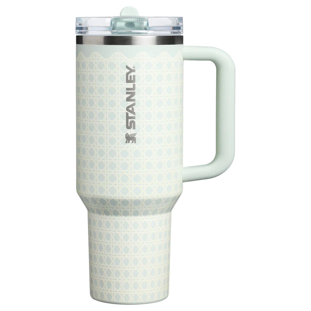 Stanley mug with a white and blue pattern on a white background