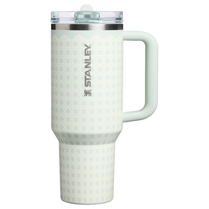 Stanley mug with a white and blue pattern on a white background