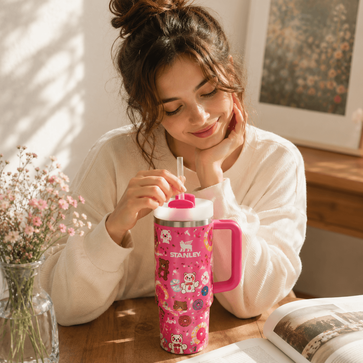 A woman in a white sweatshirt sits at a wooden table, smiling while holding a pink Stanley travel mug with a lid and straw. The mug features a colorful cartoon dog pattern.