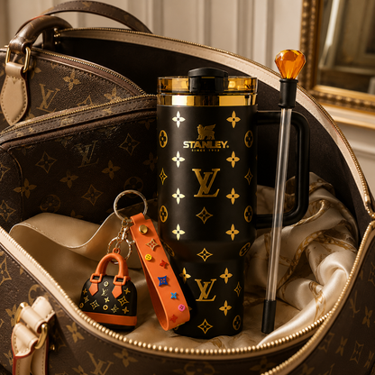 Stanley tumbler with Louis Vuitton design in a patterned handbag