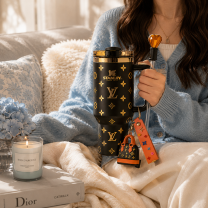 Person holding a Stanley tumbler with Louis Vuitton design, sitting on a couch with a candle and book.