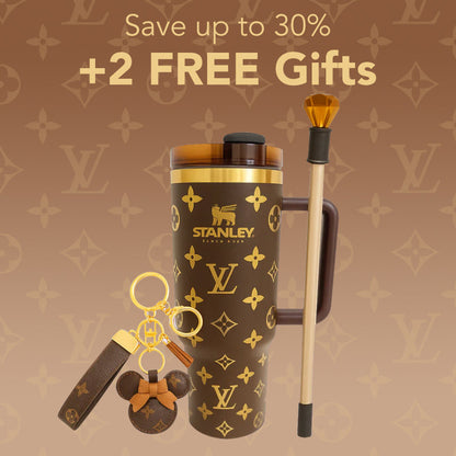 Stanley tumbler with Louis Vuitton pattern on a brown background with promotional text.