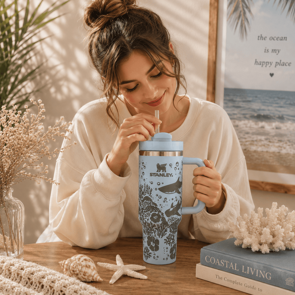 A woman in a cream sweatshirt sits at a wooden table drinking from a light blue Stanley tumbler with a handle and straw. The tumbler has a dark gray whale and sea-otter graphic.