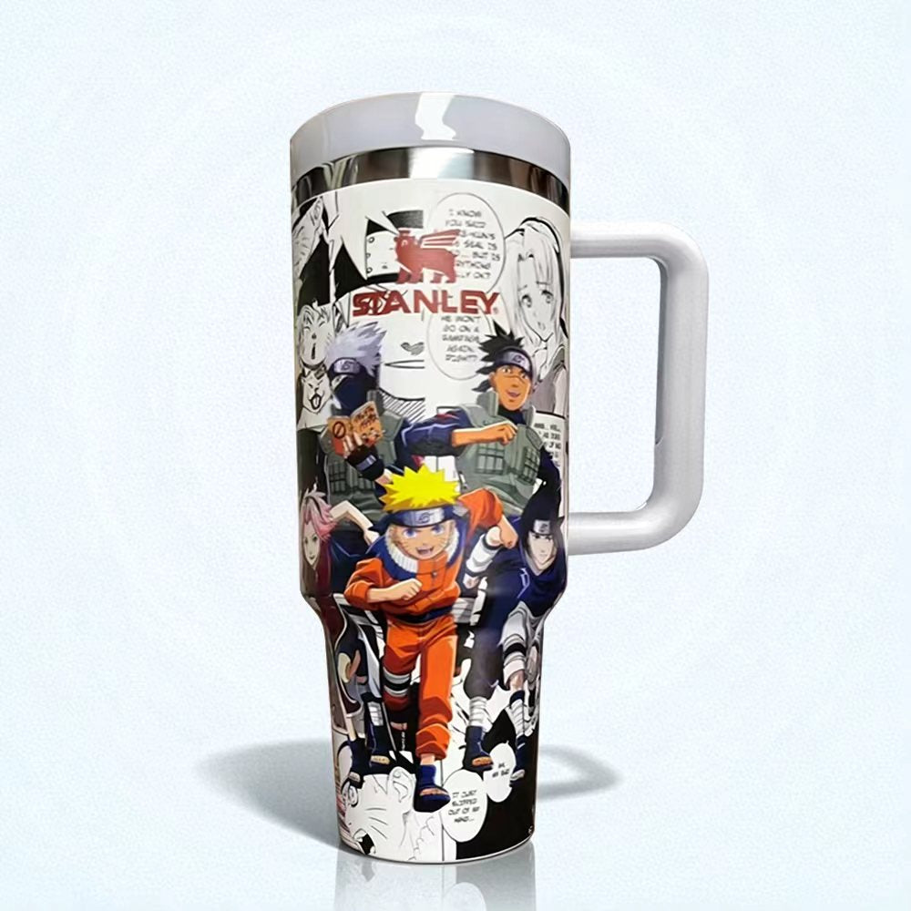 Stanley tumbler with anime character design on a white background
